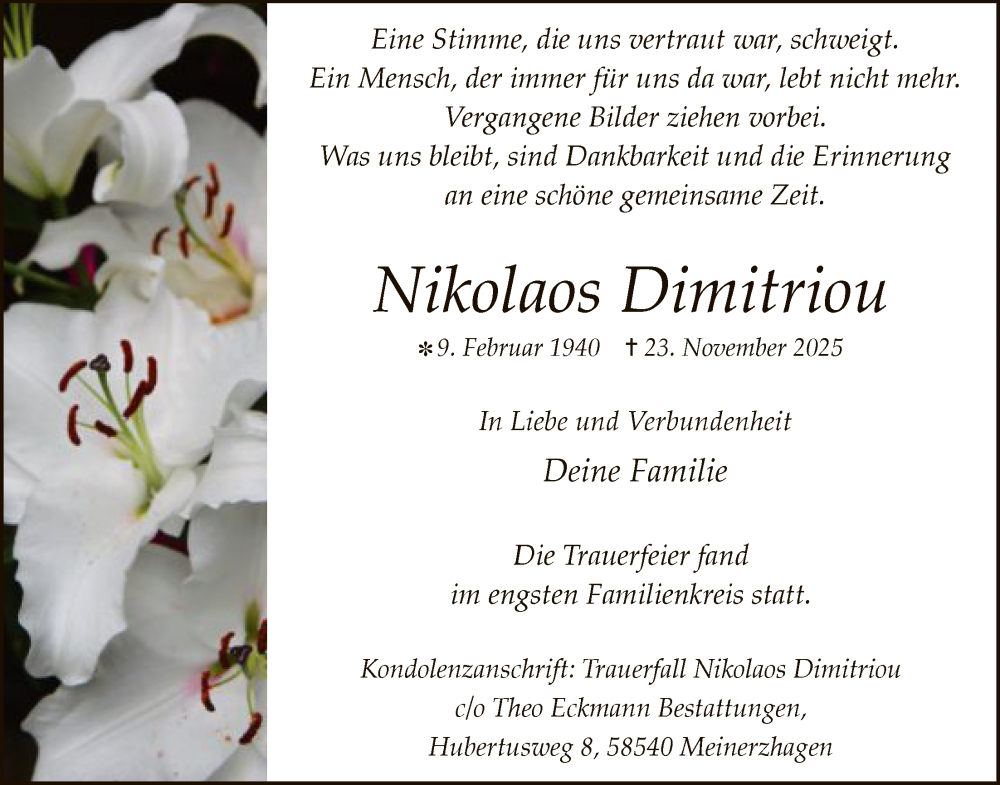  Traueranzeige für Nikolaos Dimitriou vom 06.12.2025 aus HALN