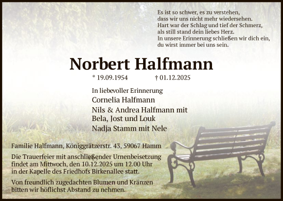 Traueranzeige von Norbert Halfmann von HAWA