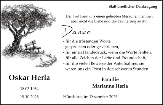 Traueranzeige von Oskar Herla von HASK