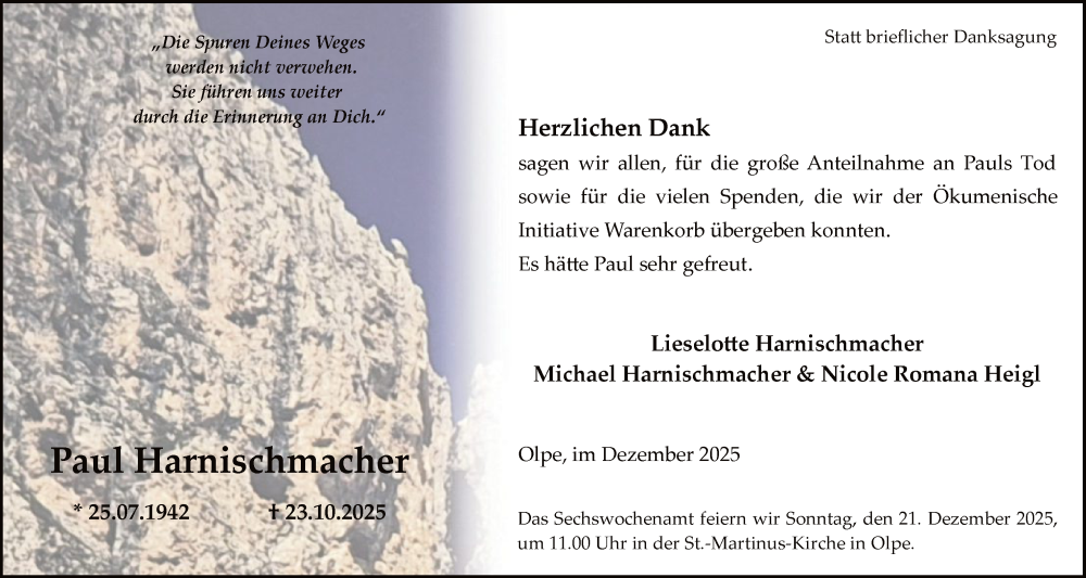  Traueranzeige für Paul Harnischmacher vom 20.12.2025 aus HASK