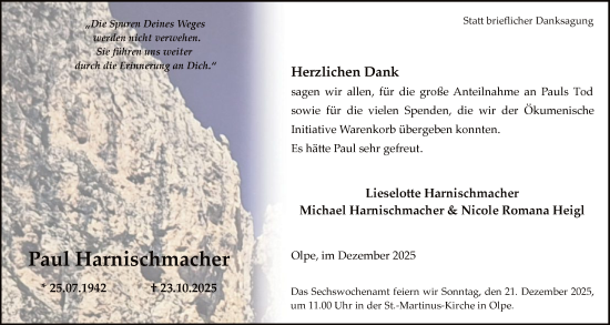 Traueranzeige von Paul Harnischmacher von HASK