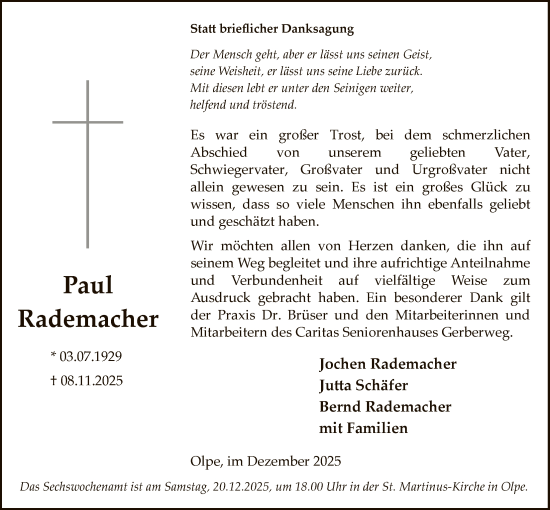 Traueranzeige von Paul Rademacher von HASK