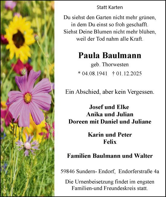 Traueranzeige von Paula Baulmann von HASK