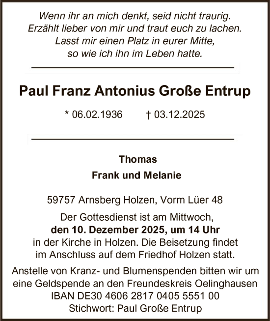 Traueranzeige von Paul Franz Antonius Große Entrup von HASK