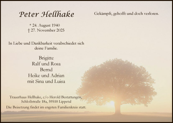 Traueranzeige von Peter Hellhake von HASO