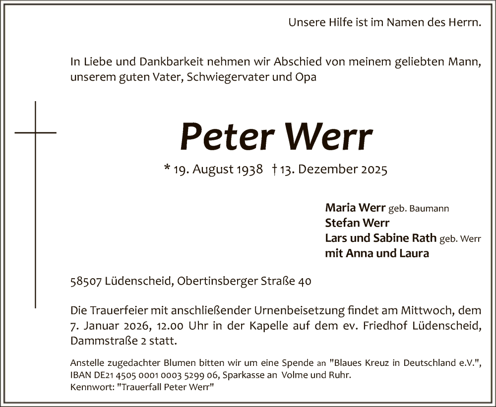  Traueranzeige für Peter Werr vom 20.12.2025 aus HALN