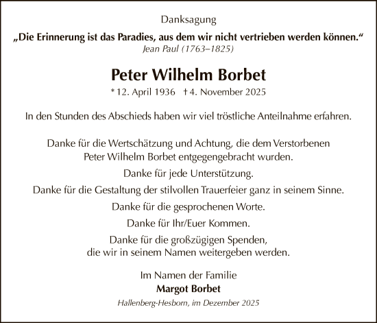 Traueranzeige von Peter Wilhelm Borbet von HASK