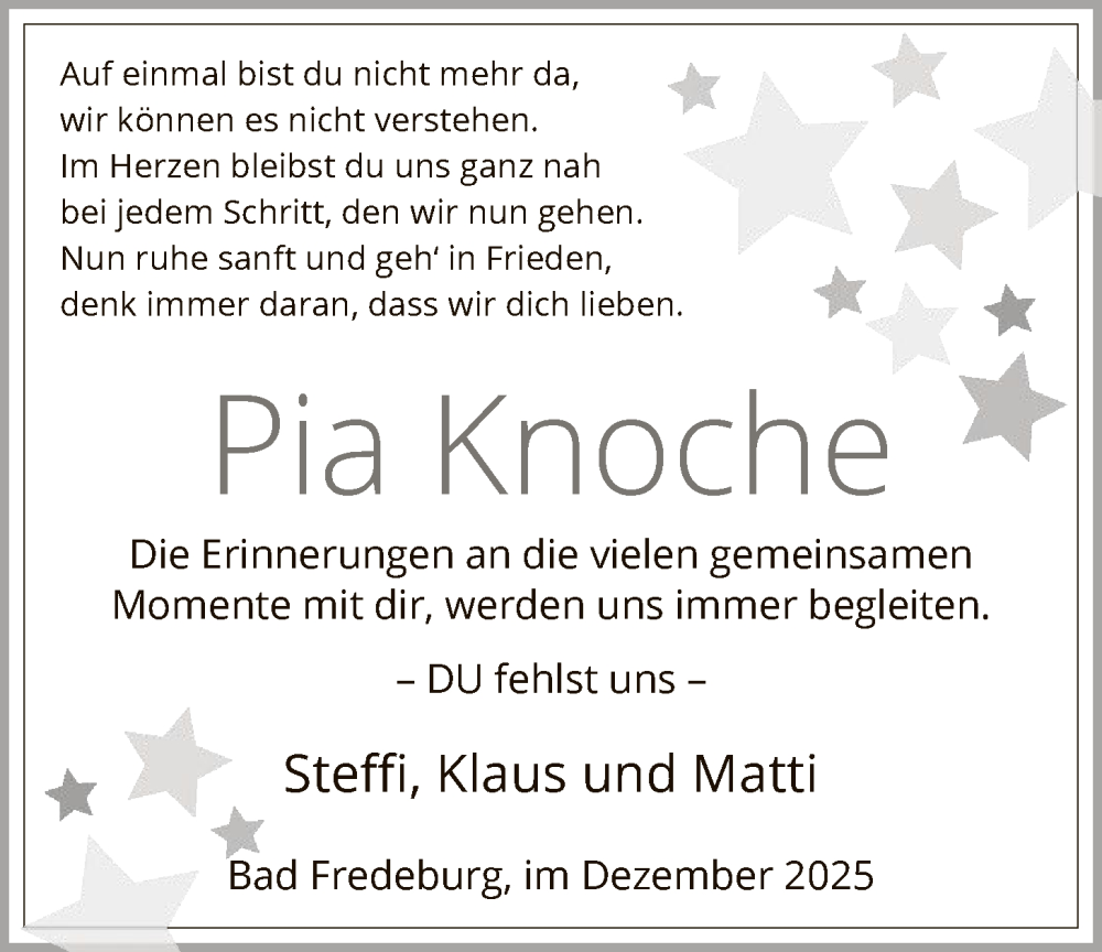  Traueranzeige für Pia Knoche vom 20.12.2025 aus HASK