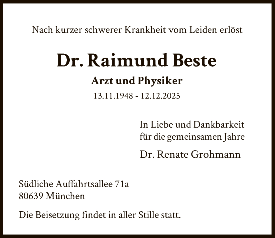 Traueranzeige von Raimund Beste von HASK