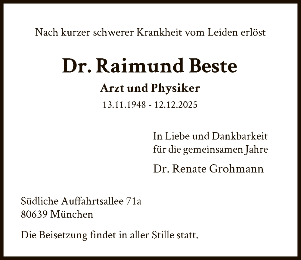  Traueranzeige für Raimund Beste vom 20.12.2025 aus HASK