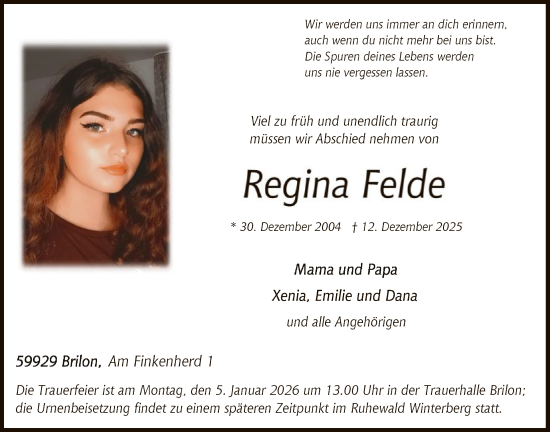 Traueranzeige von Regina Felde von HASK