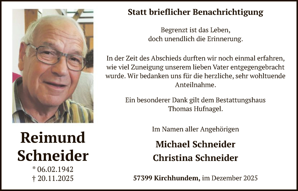  Traueranzeige für Reimund Schneider vom 20.12.2025 aus HASK