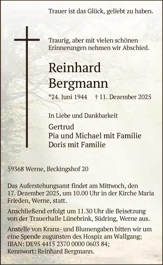 Traueranzeige von Reinhard Bergmann von HAWA