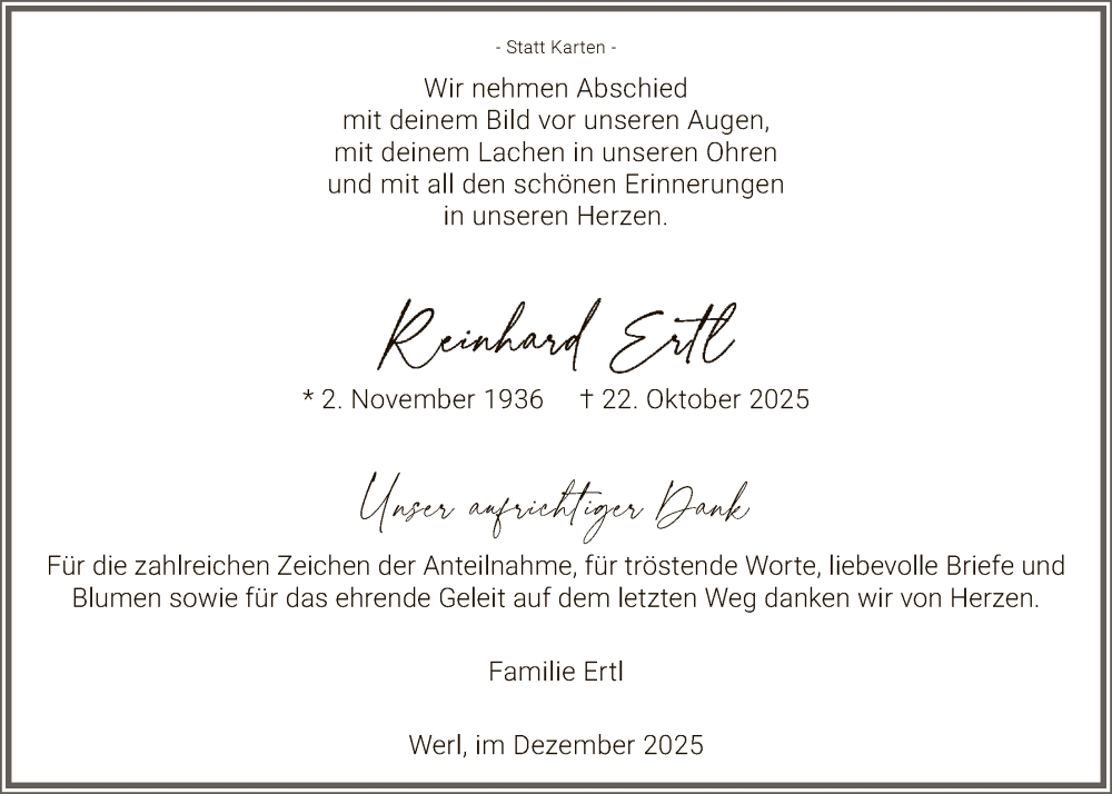  Traueranzeige für Reinhard Ertl vom 13.12.2025 aus HASO