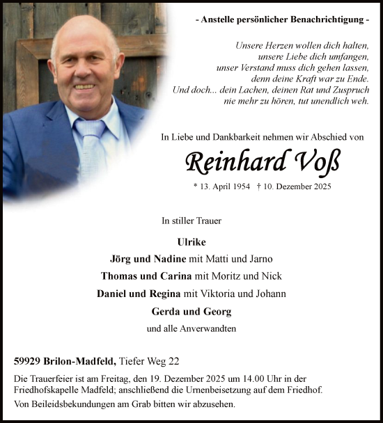 Traueranzeige von Reinhard Voß von HASK