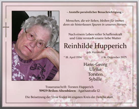 Traueranzeige von Reinhilde Hupperich von HASK