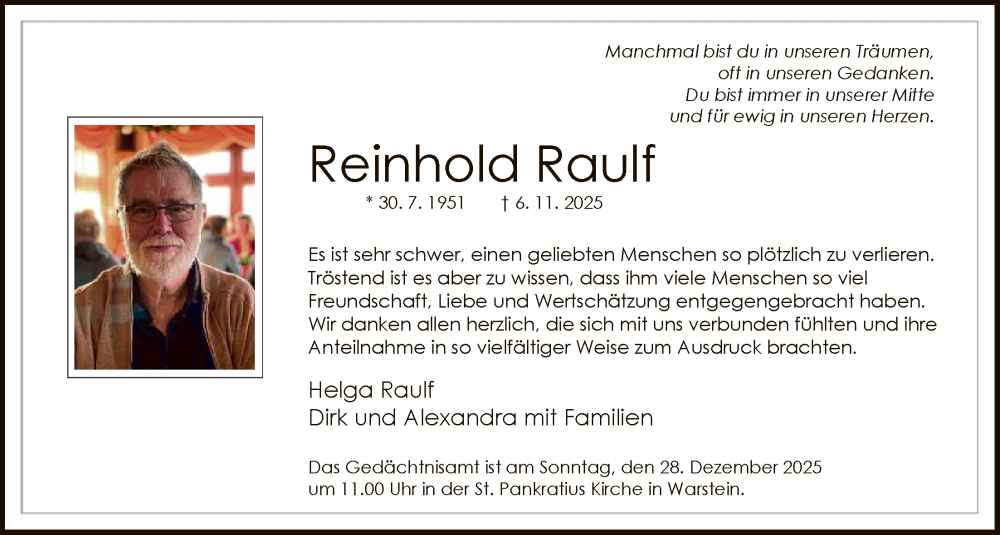  Traueranzeige für Reinhold Raulf vom 20.12.2025 aus HASO