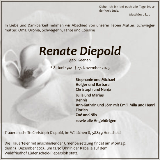 Traueranzeige von Renate Diepold von HALN