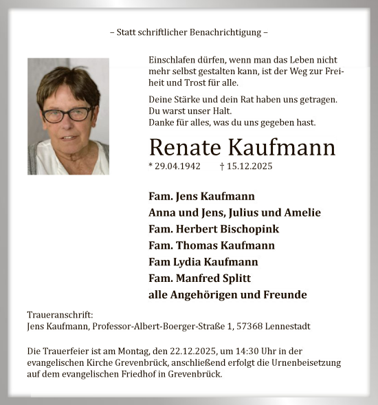 Traueranzeige von Renate Kaufmann von HASK