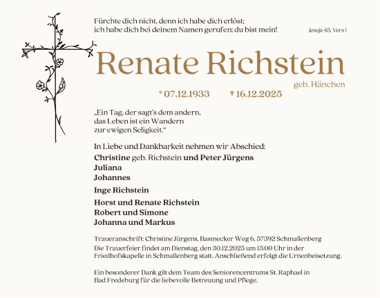 Traueranzeige von Renate Richstein von HASK