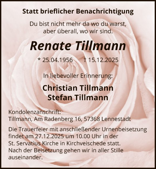 Traueranzeige von Renate Tillmann von HASK
