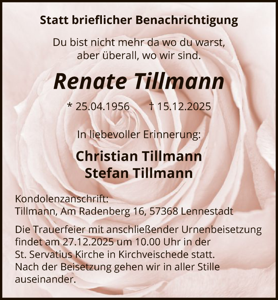  Traueranzeige für Renate Tillmann vom 20.12.2025 aus HASK