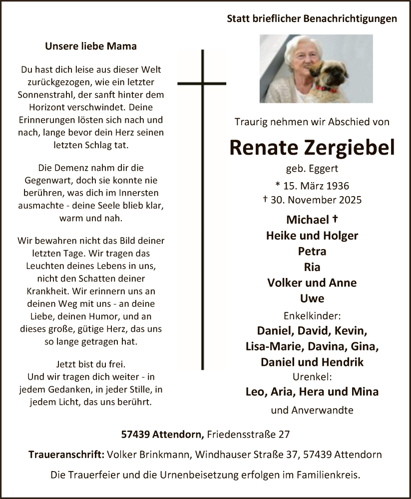  Traueranzeige für Renate Zergiebel vom 13.12.2025 aus HASKHALN