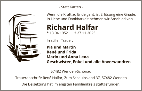 Traueranzeige von Richard Halfar von HASK