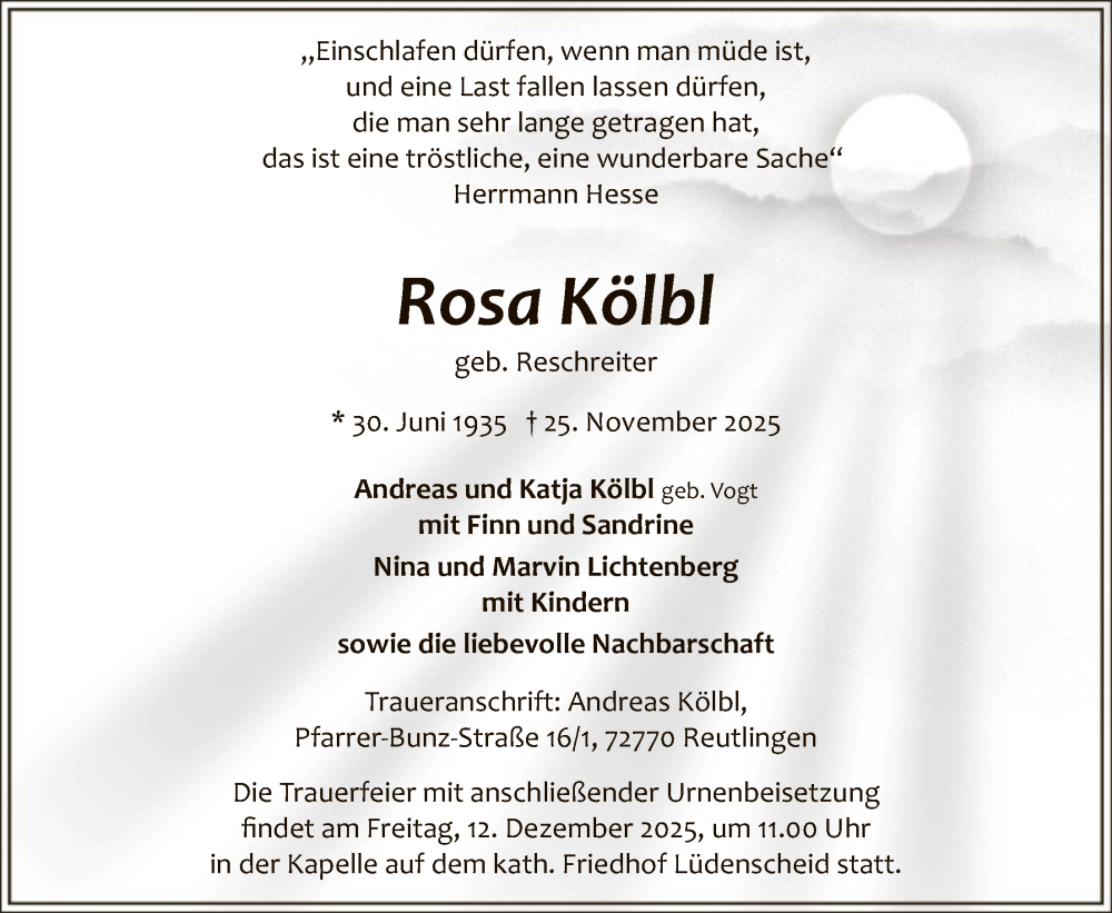  Traueranzeige für Rosa Kölbl vom 06.12.2025 aus HALN