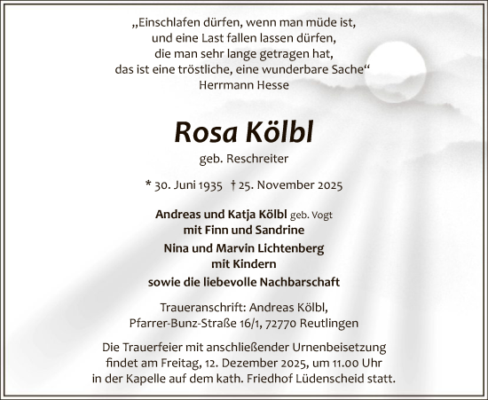 Traueranzeige von Rosa Kölbl von HALN