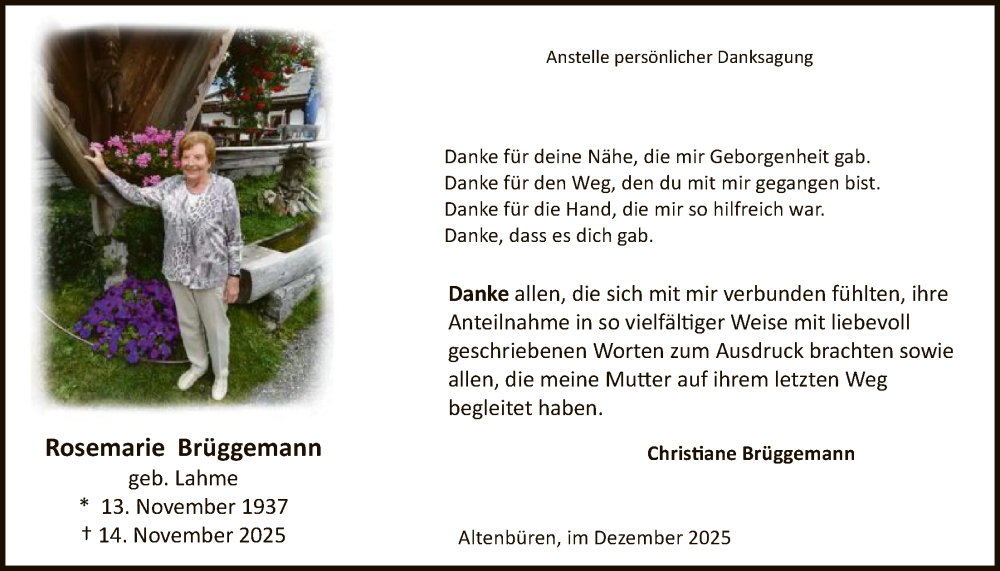  Traueranzeige für Rosemarie Brüggemann vom 13.12.2025 aus HASK