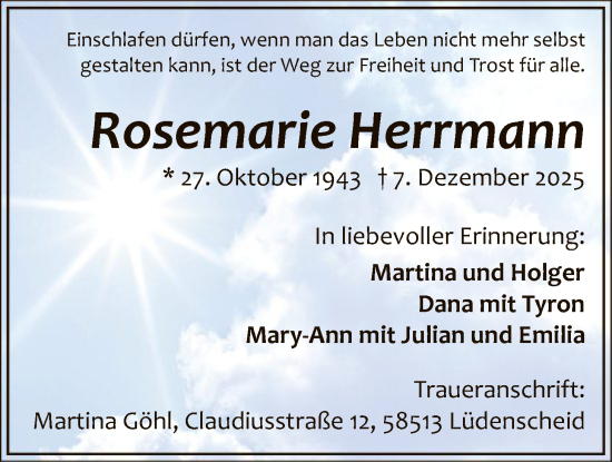 Traueranzeige von Rosemarie Herrmann von HALN