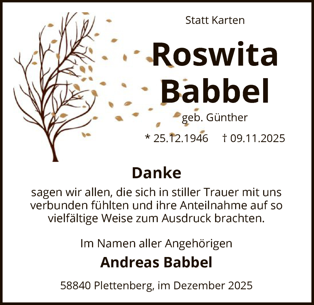  Traueranzeige für Roswita Babbel vom 13.12.2025 aus HALN
