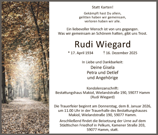 Traueranzeige von Rudi Wiegard von HAWA