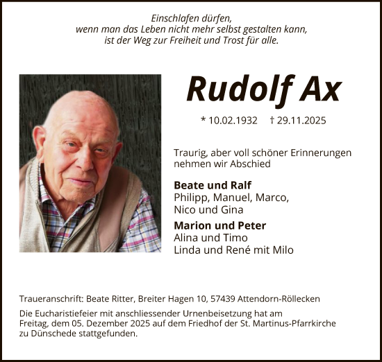 Traueranzeige von Rudolf Ax von HASK
