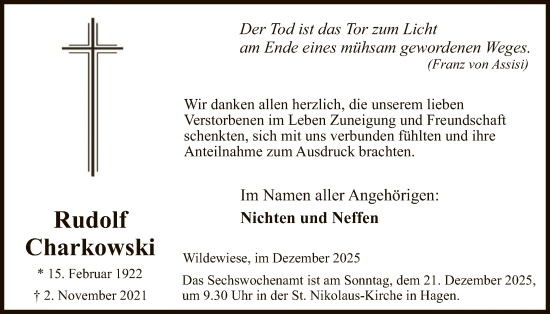 Traueranzeige von Rudolf Charkowski von HASK