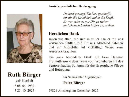 Traueranzeige von Ruth Bürger von HASK