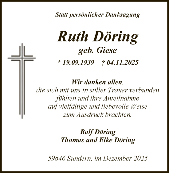 Traueranzeige von Ruth Döring von HASK