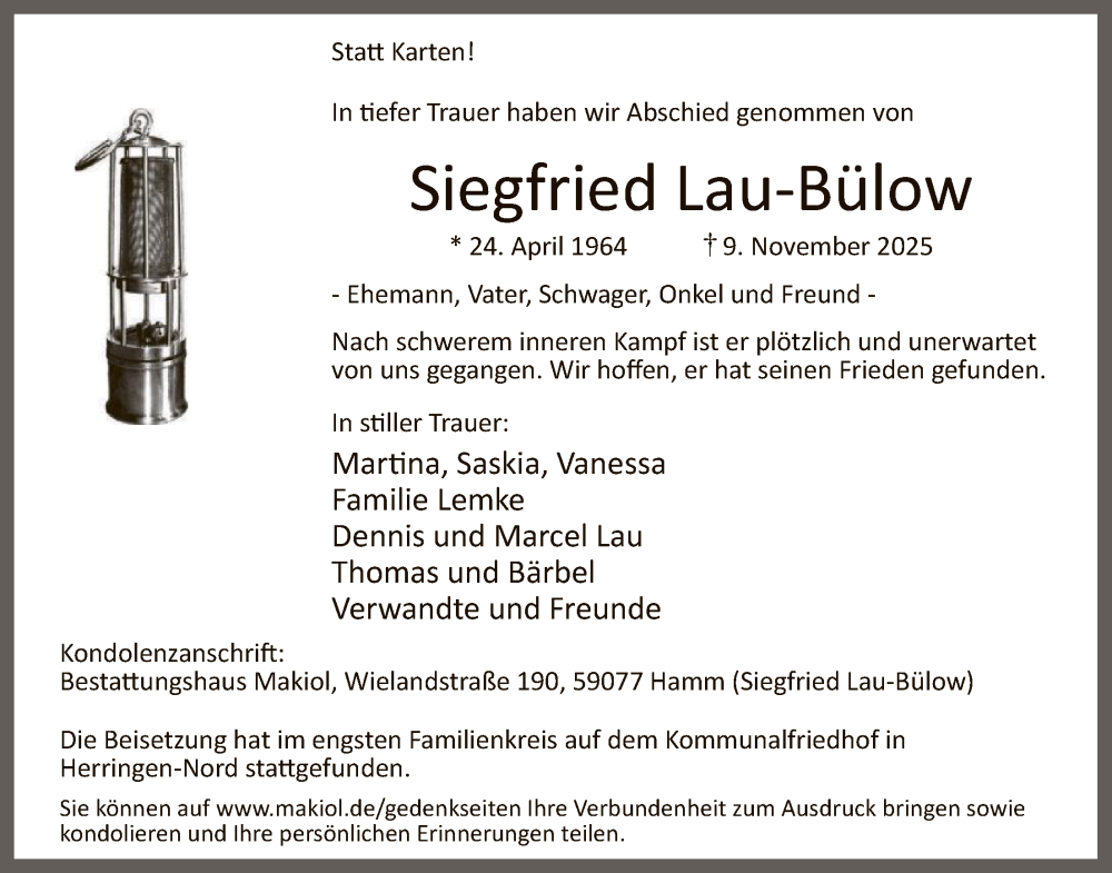 Traueranzeige für Siegfried Lau-Bülow vom 06.12.2025 aus HAWA