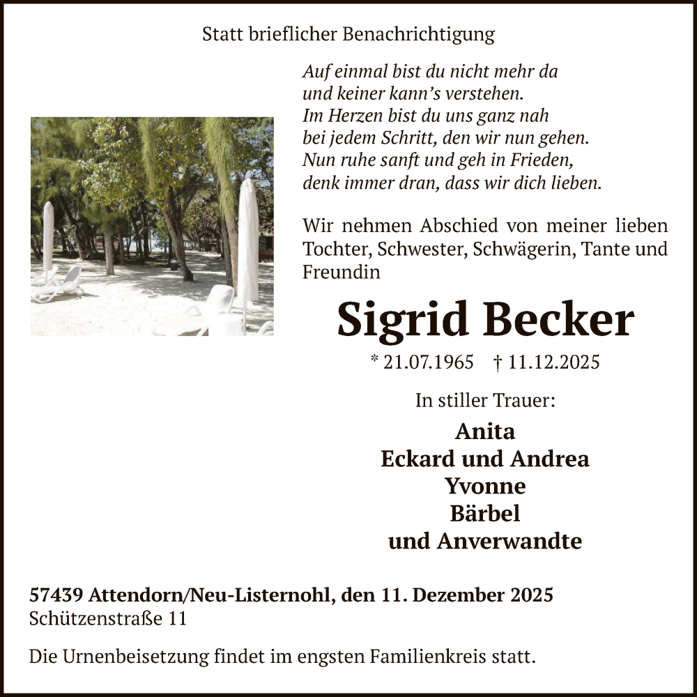  Traueranzeige für Sigrid Becker vom 20.12.2025 aus HASK