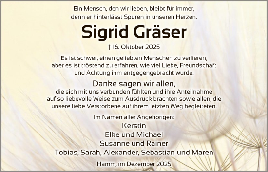 Traueranzeige von Sigrid Gräser von HAWA