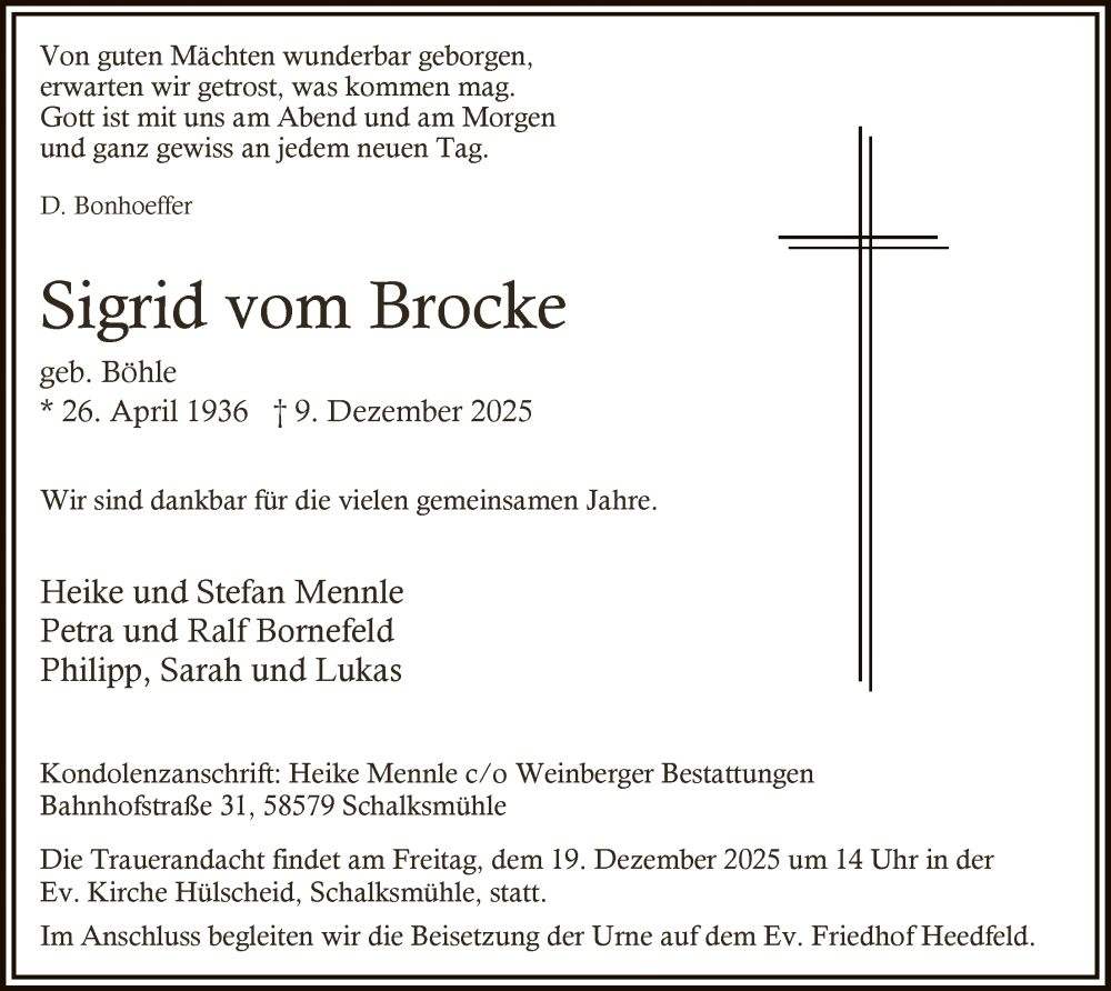  Traueranzeige für Sigrid vom Brocke vom 13.12.2025 aus HALN