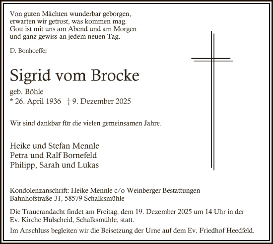 Traueranzeige von Sigrid vom Brocke von HALN