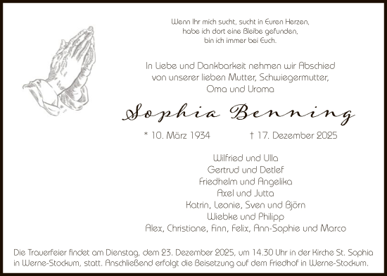 Traueranzeige von Sophia Benning von HAWA