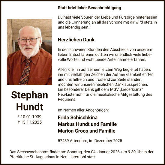 Traueranzeige von Stephan Hundt von HASK