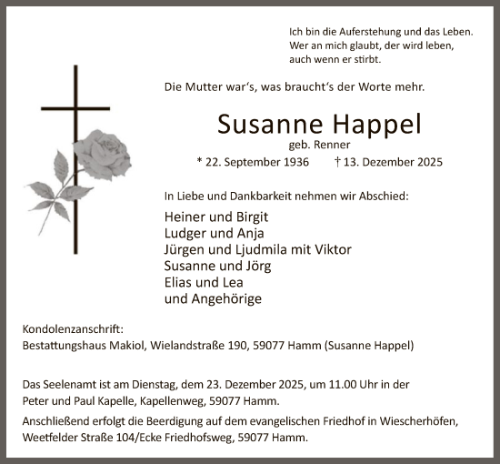 Traueranzeige von Susanne Happel von HAWA