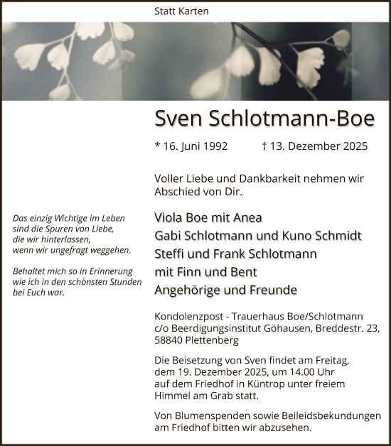 Traueranzeige von Sven Schlotmann-Boe von HALN