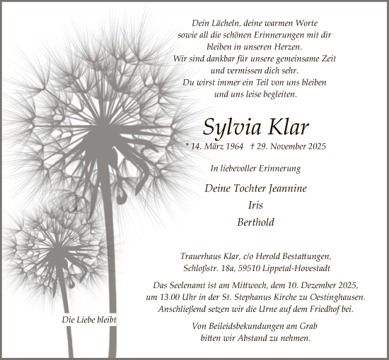 Traueranzeige von Sylvia Klar von HASO