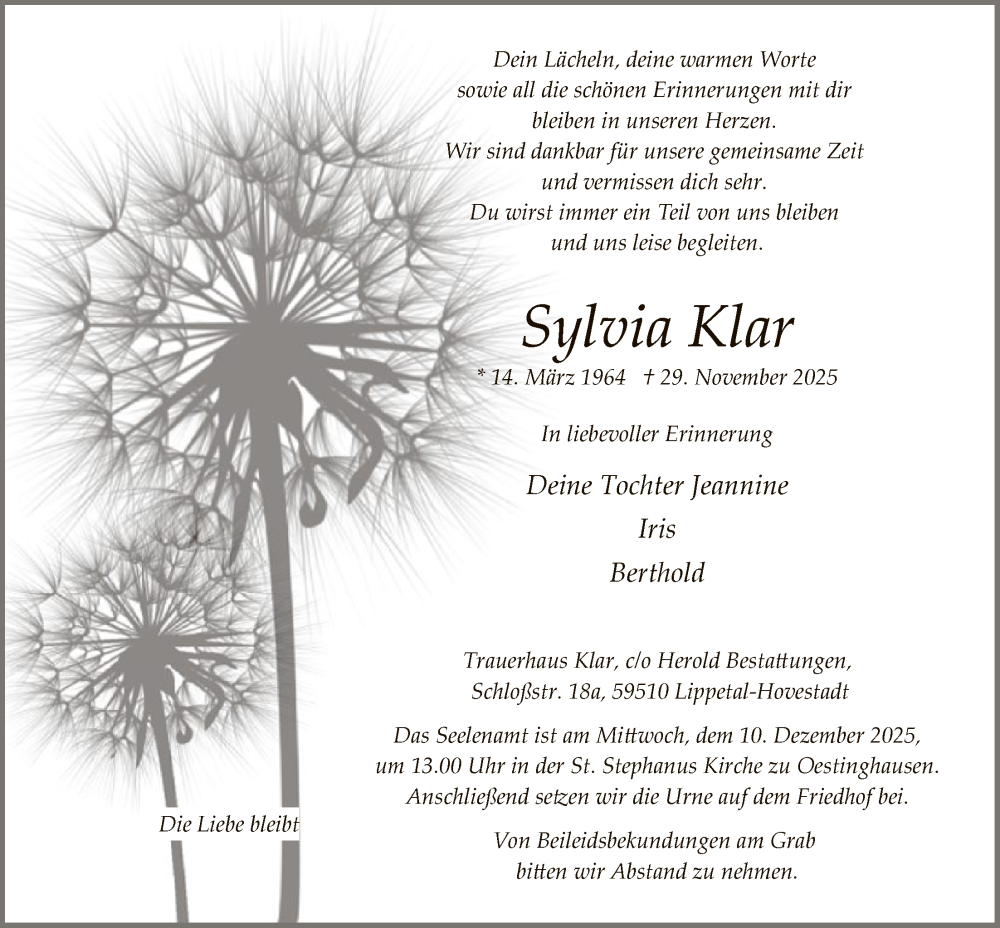  Traueranzeige für Sylvia Klar vom 06.12.2025 aus HASO