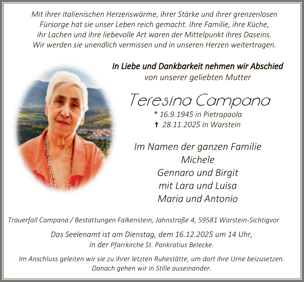  Traueranzeige für Teresina Campana vom 10.12.2025 aus HASO